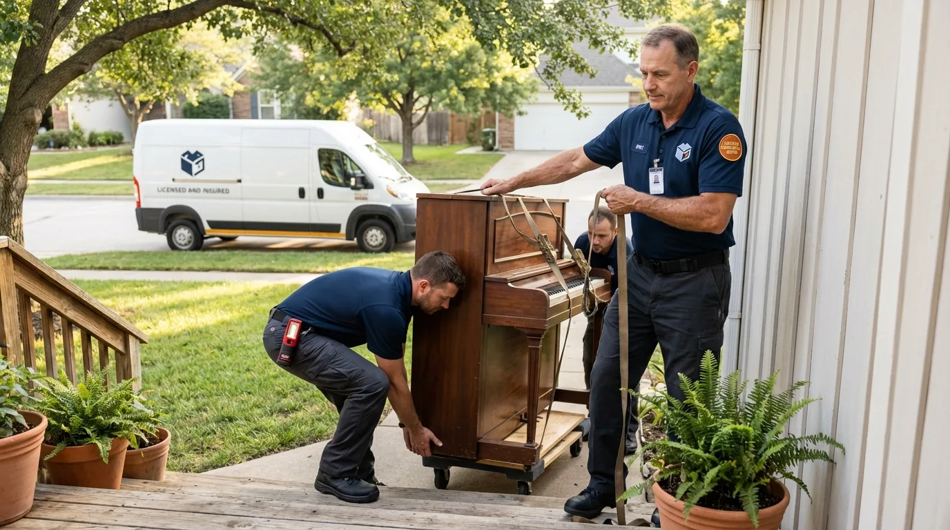 Licensed piano movers securing grand piano in Piedmont, MO