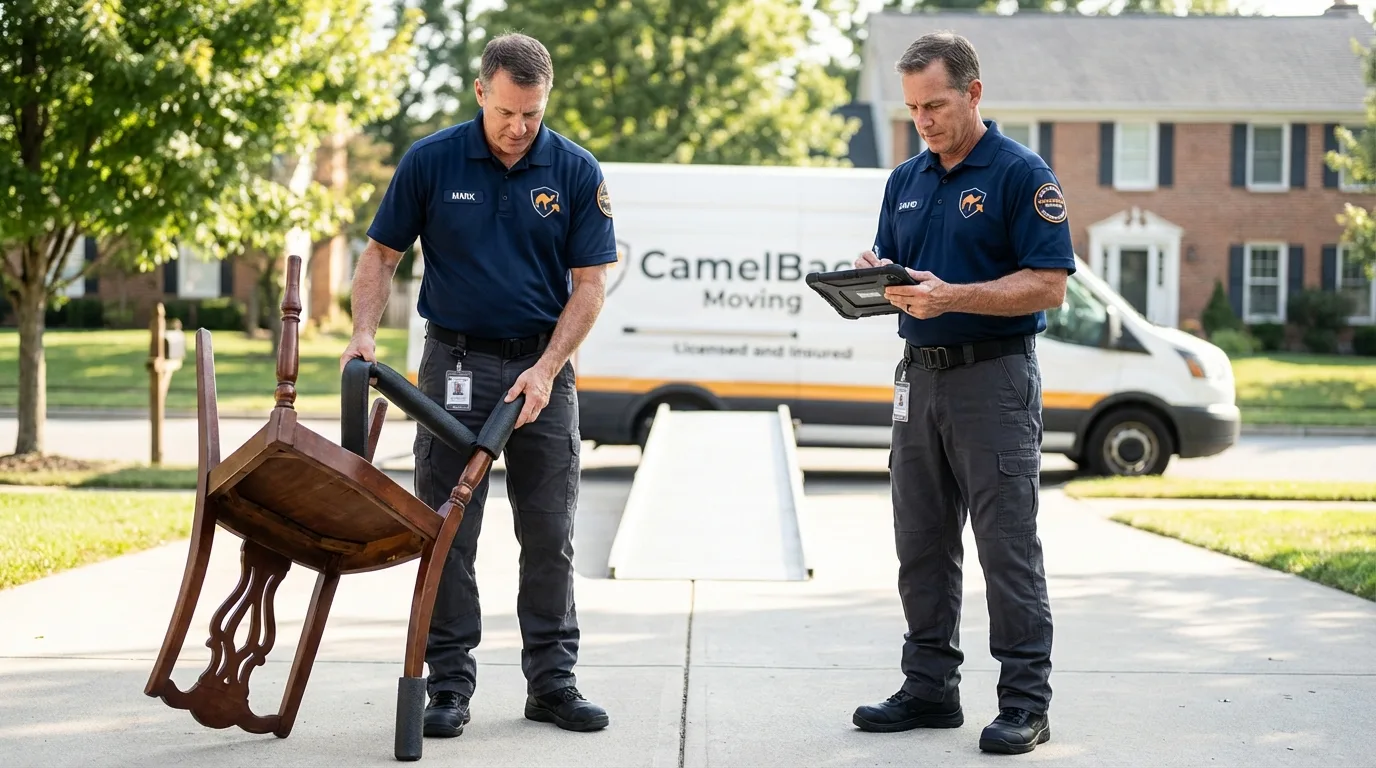 Movers inspecting furniture for damage prevention before loading in Piedmont, MO