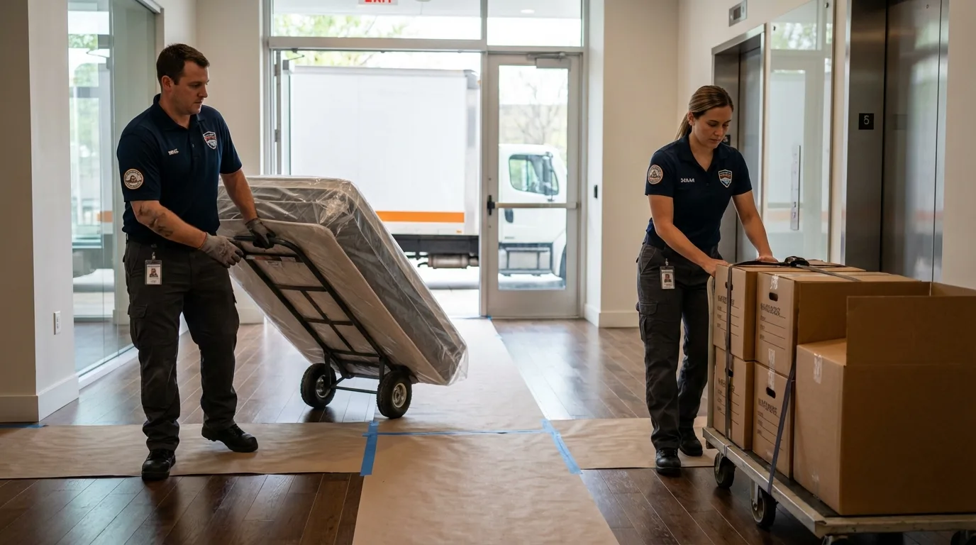 Professional apartment movers loading elevator in Piedmont, MO